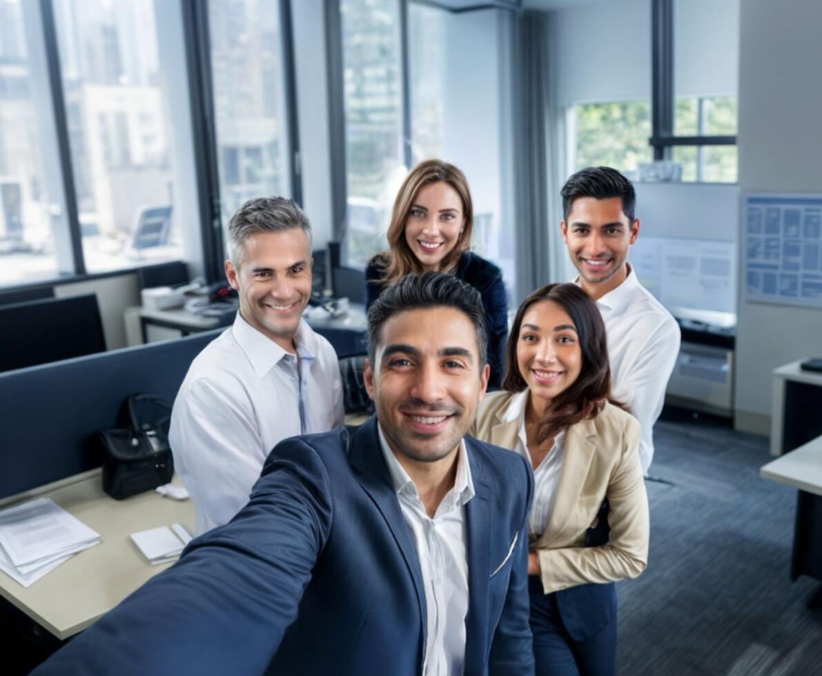 an image of coworkers in business suits smiling at the camera